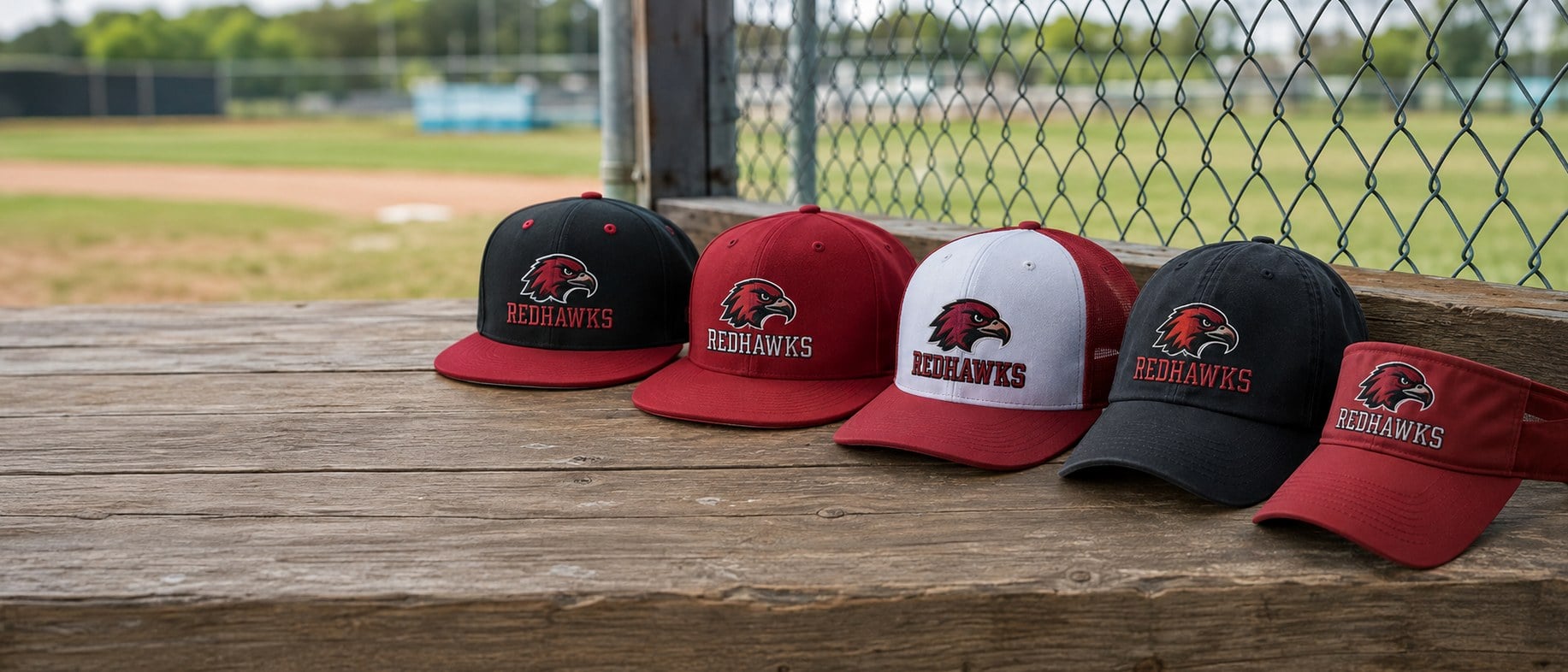 Custom embroidered youth baseball hats with a team logo lined up on a dugout bench